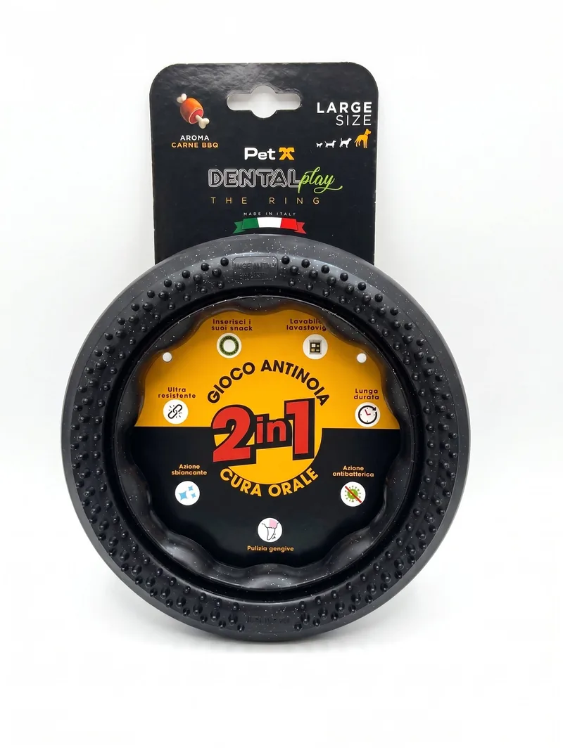 Dental Play The Ring Large Size nero aroma Carne BBQ - Gioco dentale per cani PETX