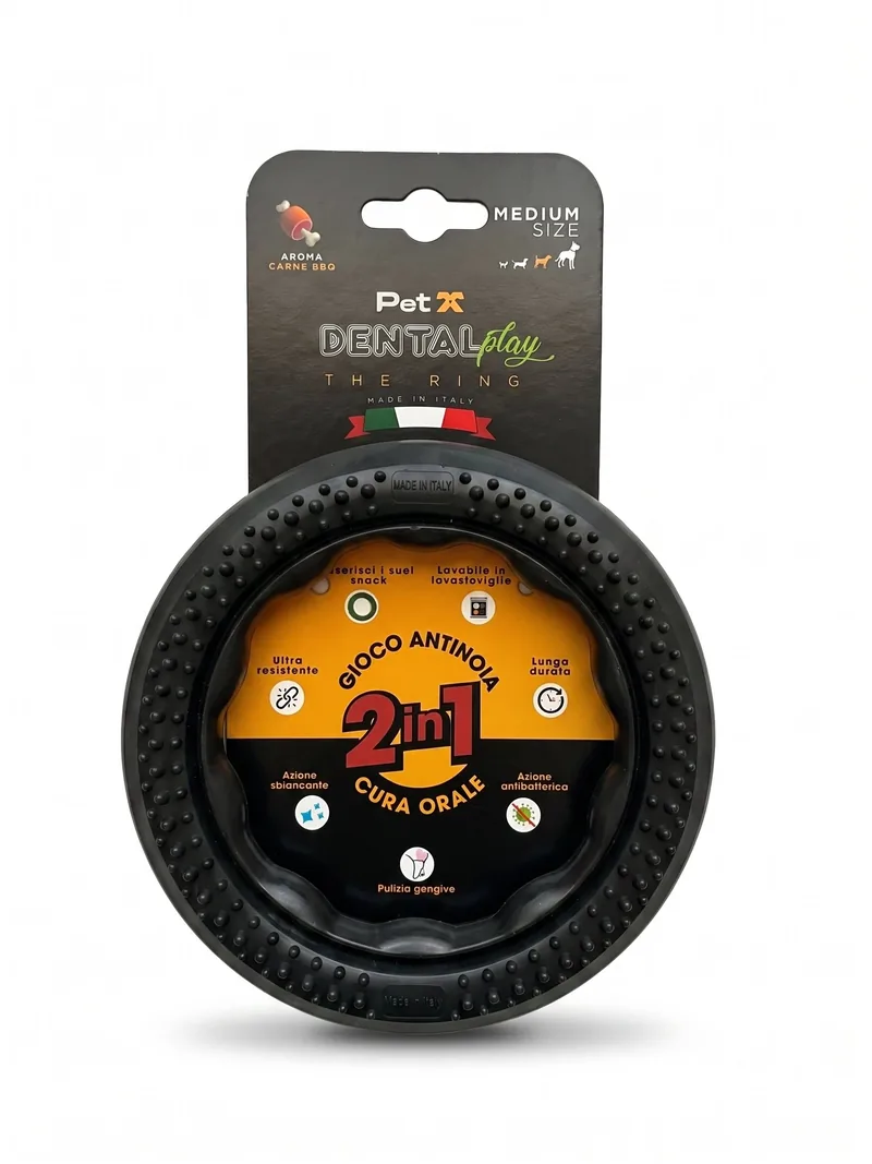 Dental Play The Ring Medium Size nero aroma Carne BBQ - Gioco dentale per cani PETX