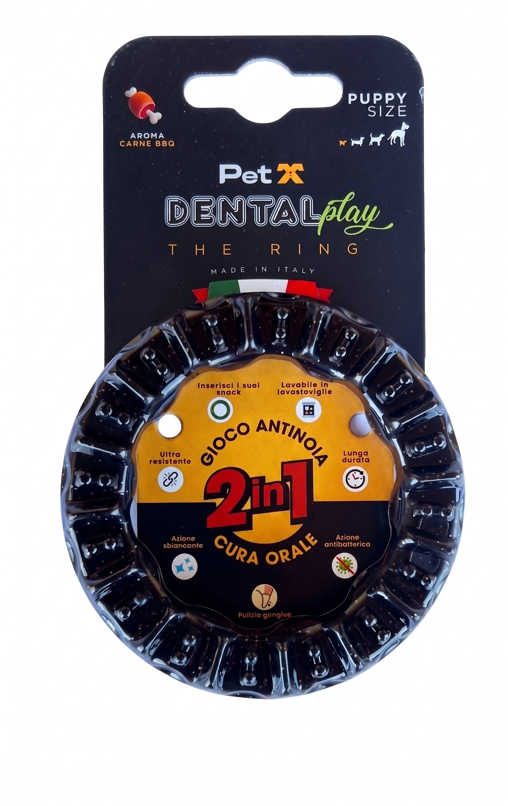 Dental Play The Ring Puppy Size nero aroma Carne BBQ - Gioco dentale per cani PETX