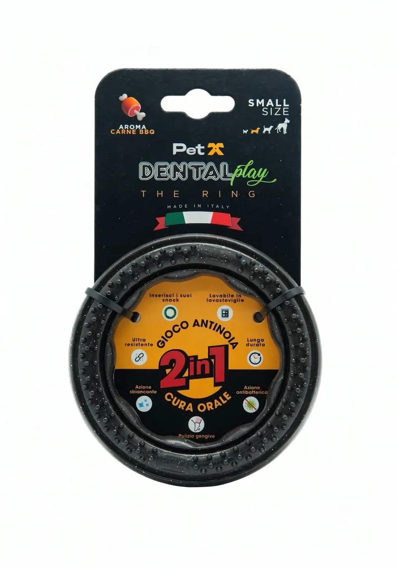 Dental Play The Ring Small Size nero aroma Carne BBQ - Gioco dentale per cani PETX