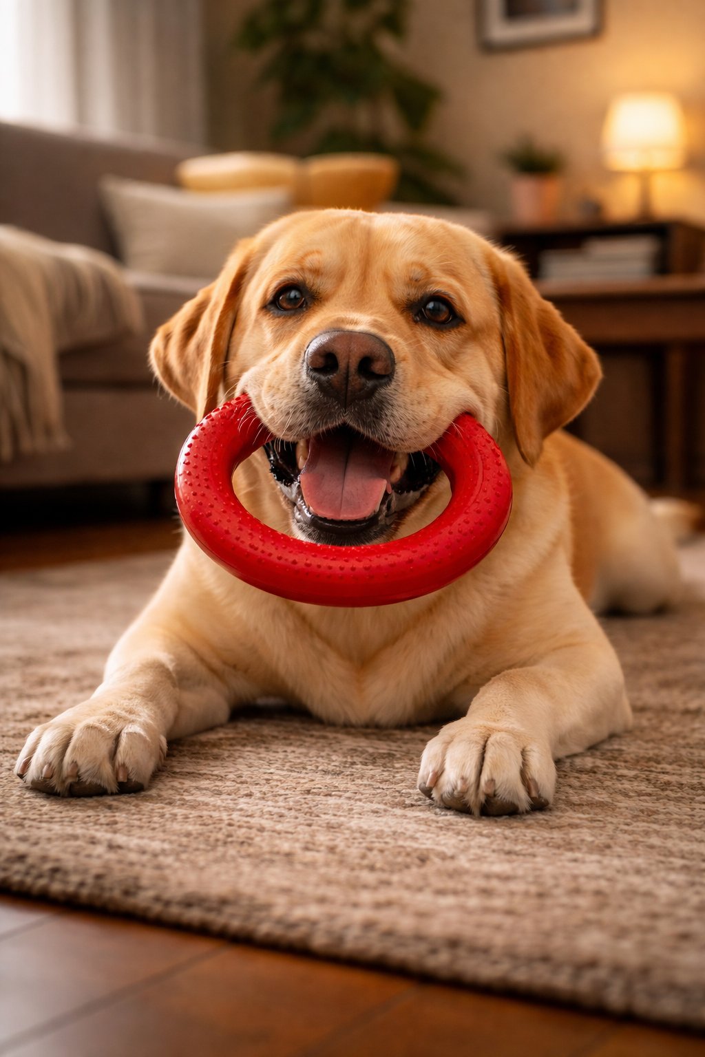 Cane Labrador felice con anello Dental Play PETX in bocca - Gioco dentale per cani Made in Italy