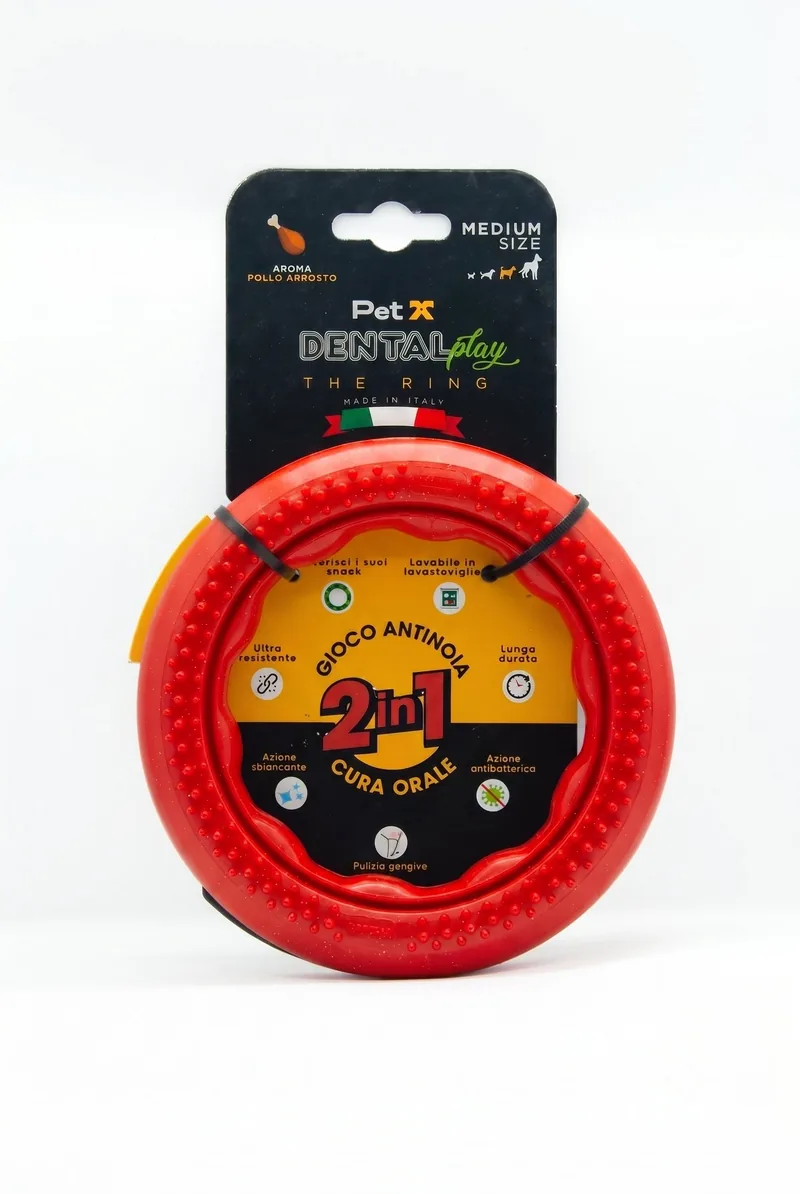 Dental Play The Ring Medium Size rosso aroma Pollo Arrosto - Gioco dentale per cani PETX